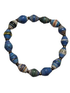 Handcrafted Recycled Paper Bead Stretch Bracelet Blue Tan Eco Friendly Jewelry